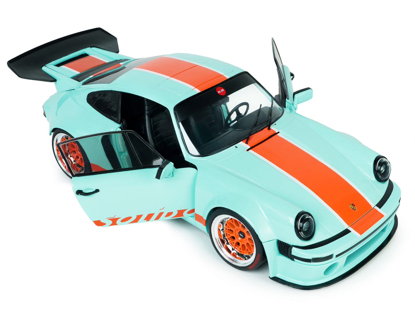 2025 Porsche 911 KS-R by Khyzyl Saleem "Blue Racer" Light Blue with Orange Stripes 1/18 Diecast Model Car by Solido - Image 2