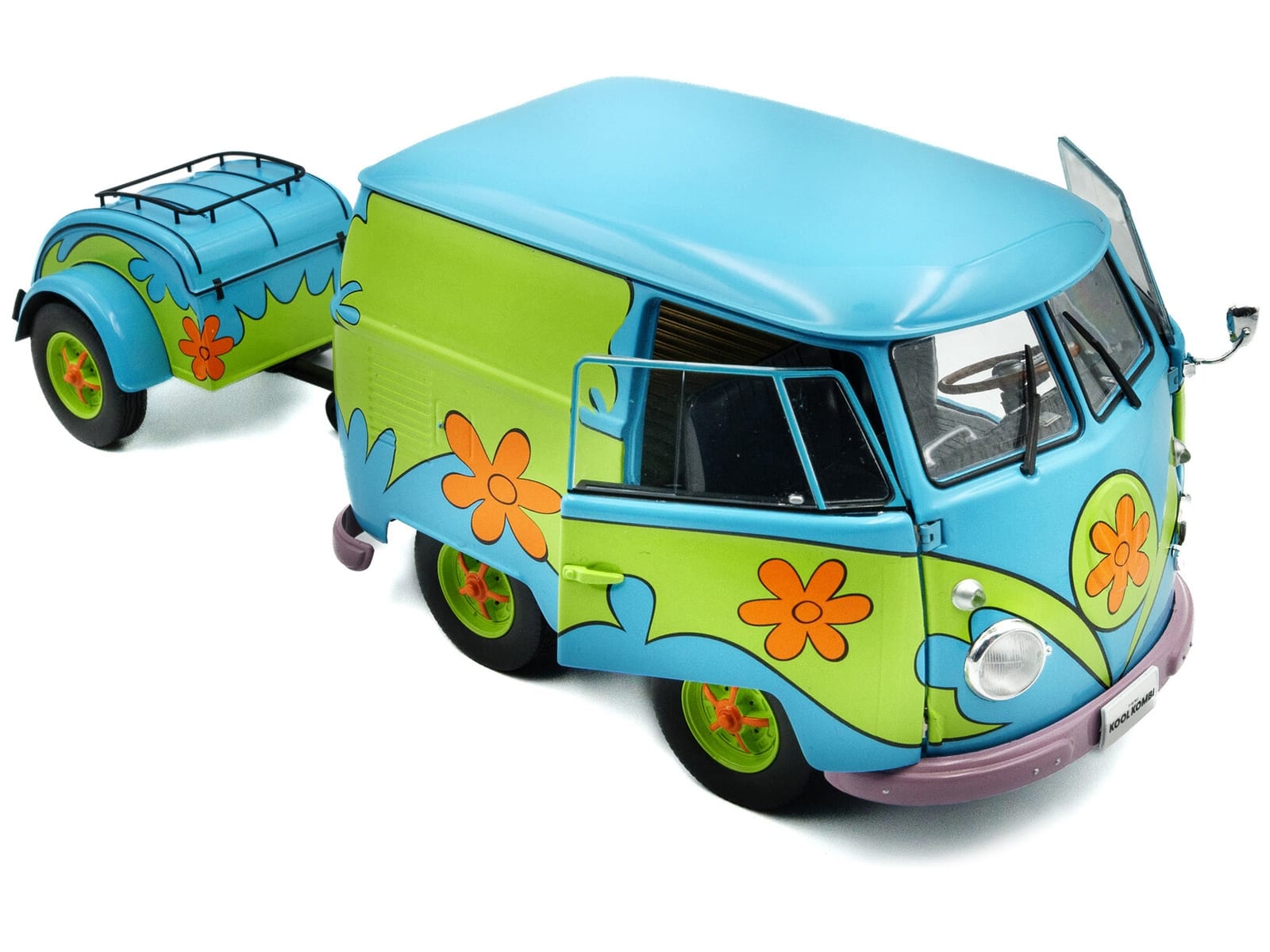 2024 Volkswagen Kool Kombi Van with Trailer "Ghost Hunter" Blue and Green with Graphics 1/18 Diecast Model Car by Solido - Image 2