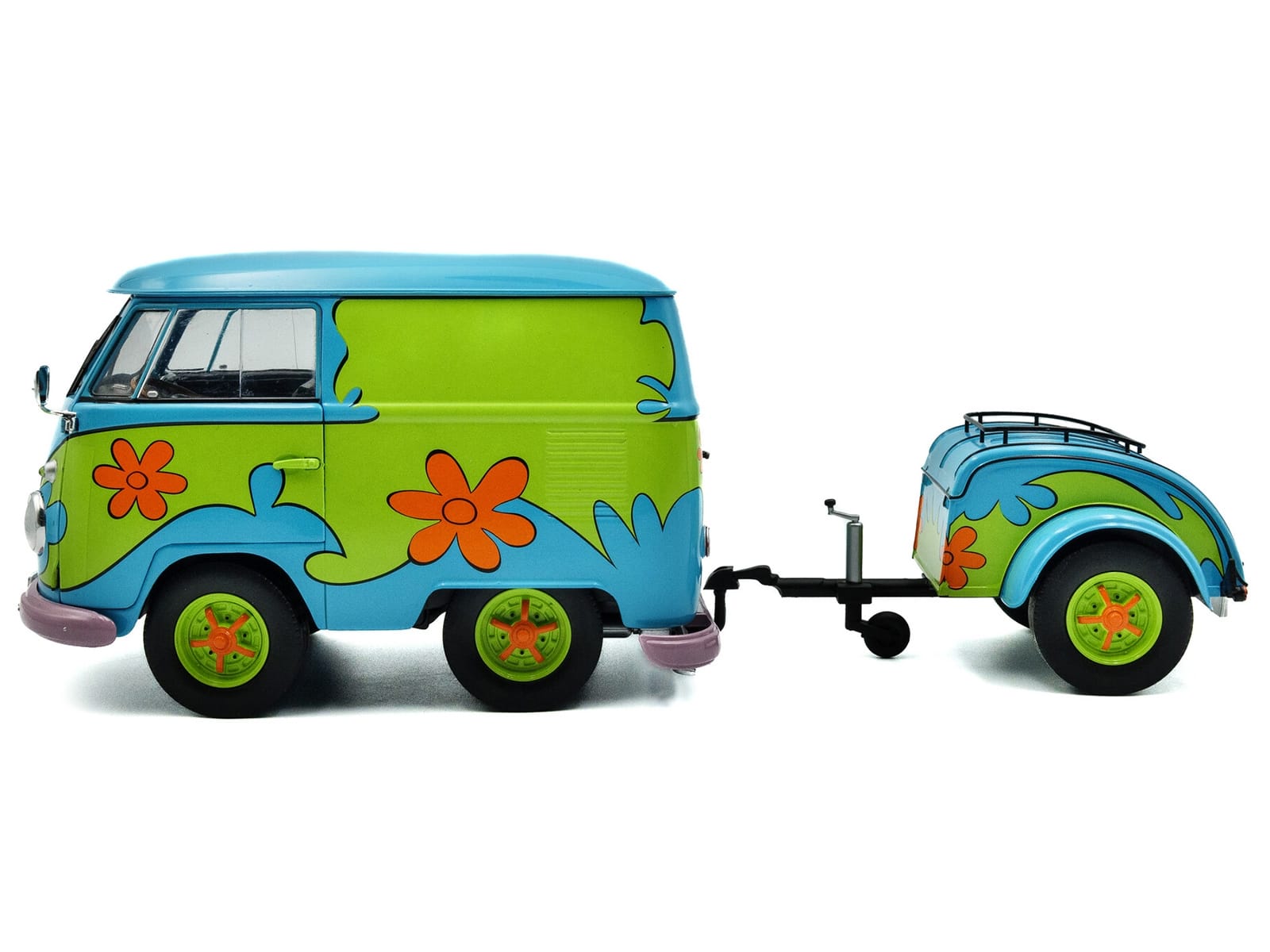 2024 Volkswagen Kool Kombi Van with Trailer "Ghost Hunter" Blue and Green with Graphics 1/18 Diecast Model Car by Solido - Image 3