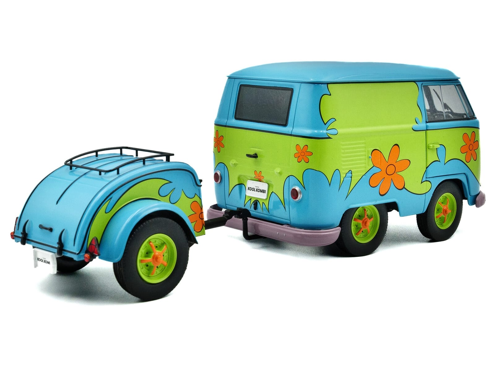 2024 Volkswagen Kool Kombi Van with Trailer "Ghost Hunter" Blue and Green with Graphics 1/18 Diecast Model Car by Solido - Image 4