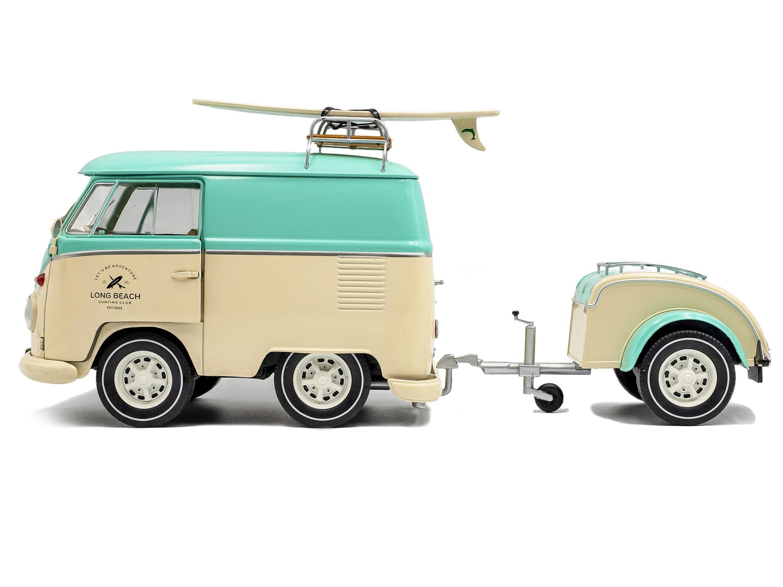 2024 Volkswagen Cool Combi Van with Trailer "Long Beach Surfing Club" Mint Green and Cream with Roof Rack and Surfboard 1/18 Diecast Model Car by Solido - Image 3