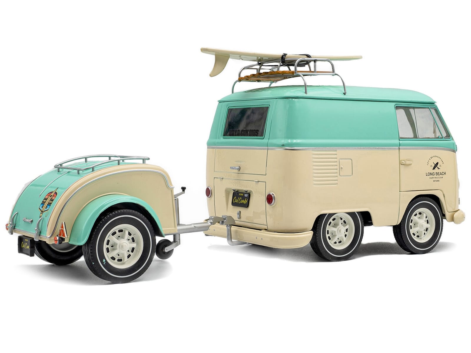 2024 Volkswagen Cool Combi Van with Trailer "Long Beach Surfing Club" Mint Green and Cream with Roof Rack and Surfboard 1/18 Diecast Model Car by Solido - Image 4