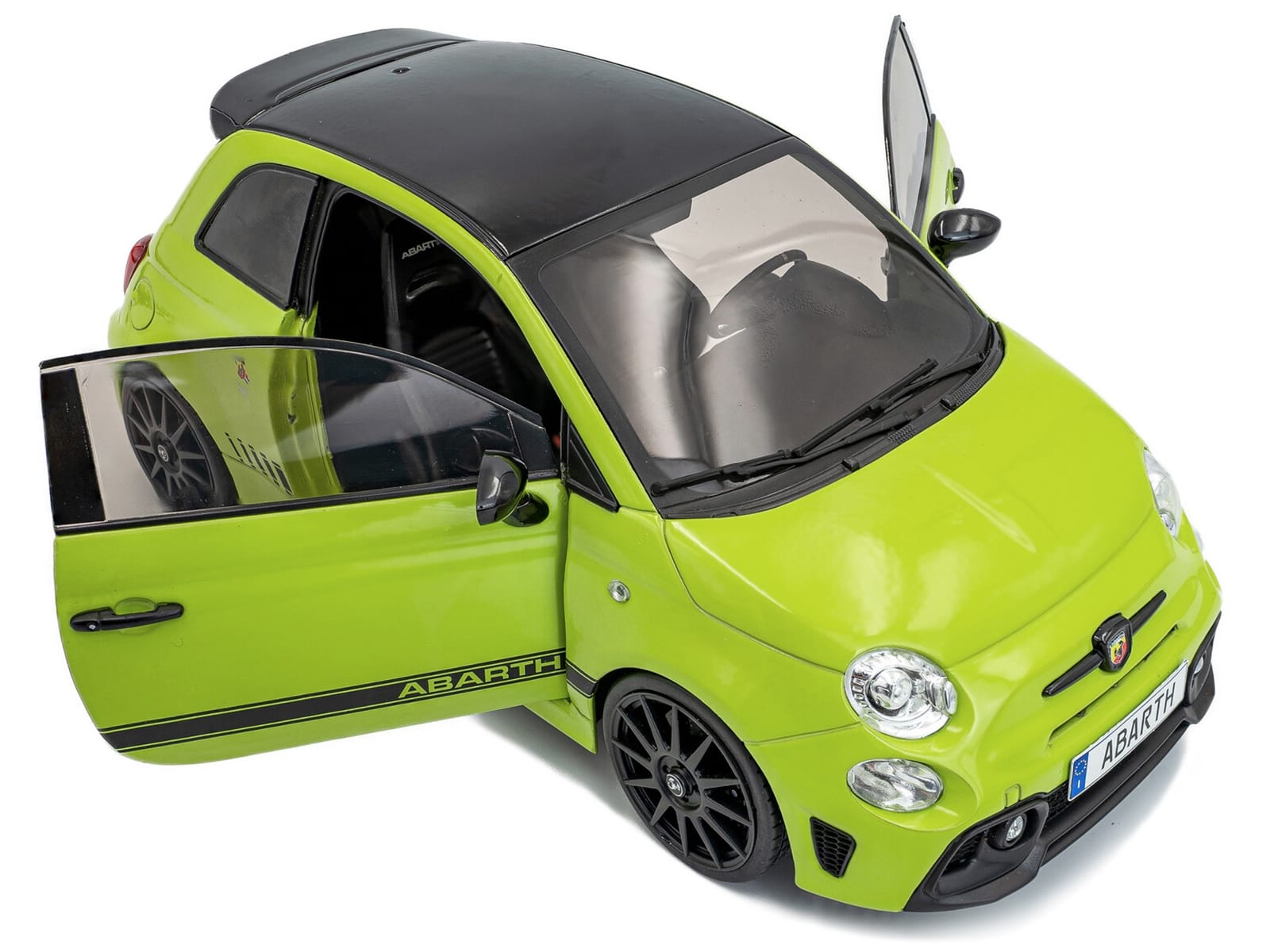 2023 Fiat F595 Abarth Verde Adrenalina Green with Black Top and Stripes 1/18 Diecast Model Car by Solido - Image 2