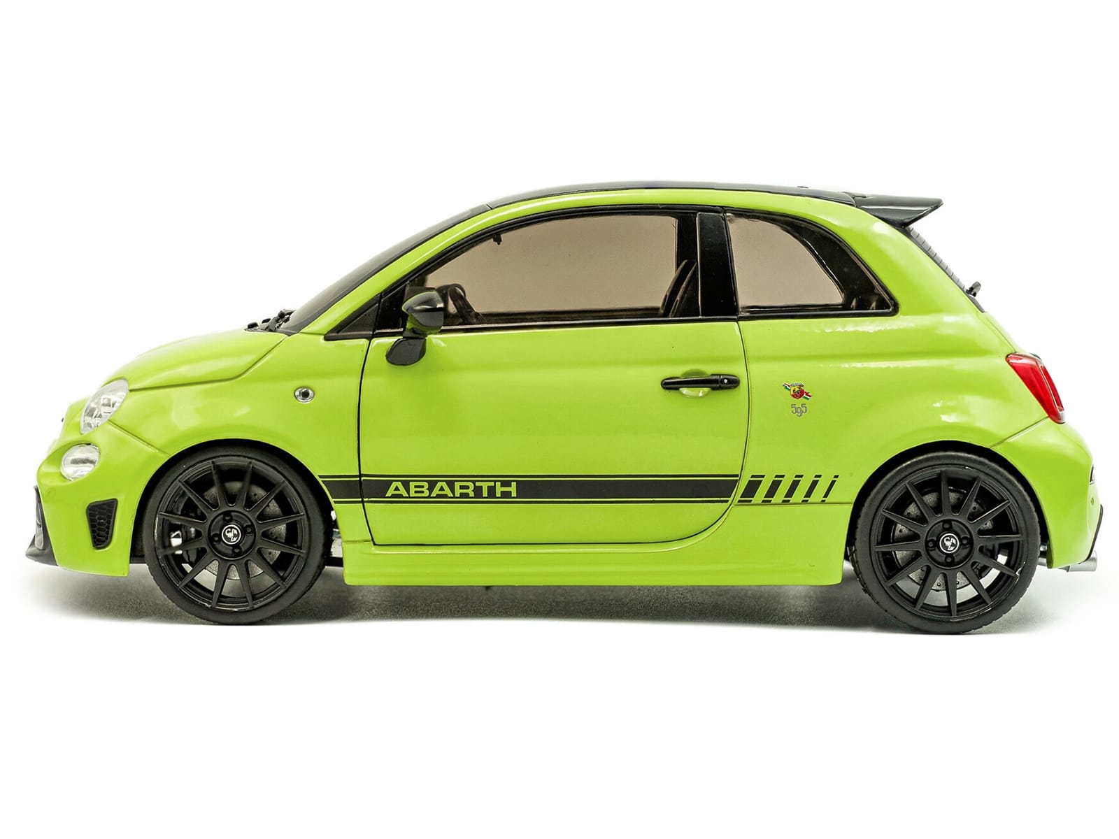 2023 Fiat F595 Abarth Verde Adrenalina Green with Black Top and Stripes 1/18 Diecast Model Car by Solido - Image 3