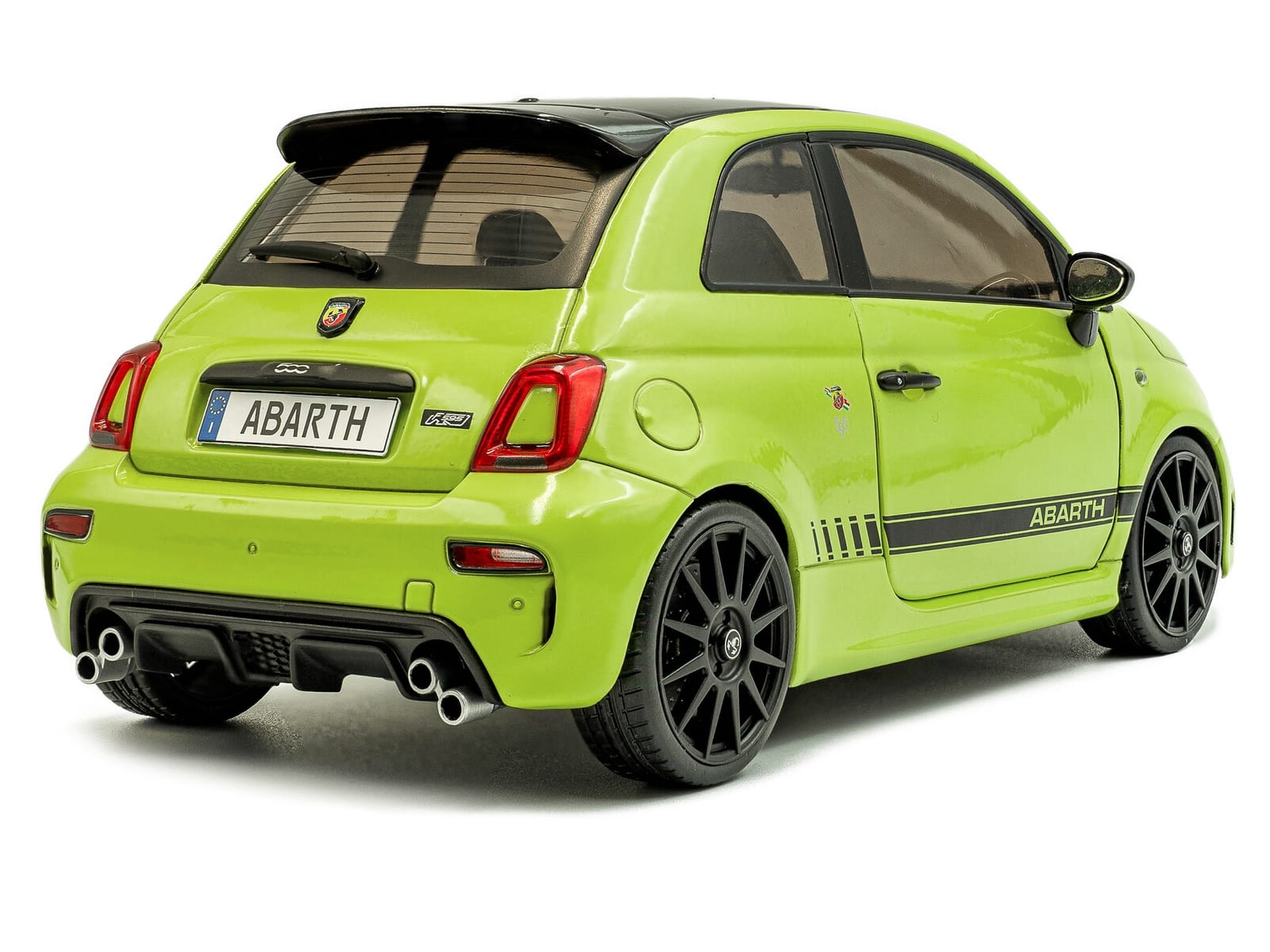 2023 Fiat F595 Abarth Verde Adrenalina Green with Black Top and Stripes 1/18 Diecast Model Car by Solido - Image 4