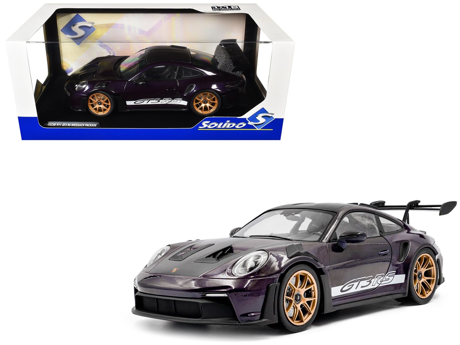 2024 Porsche 911 GT3 RS Weissach Package Viola Purple Metallic with Carbon Hood Stripes and Top 1/18 Diecast Model Car by Solido