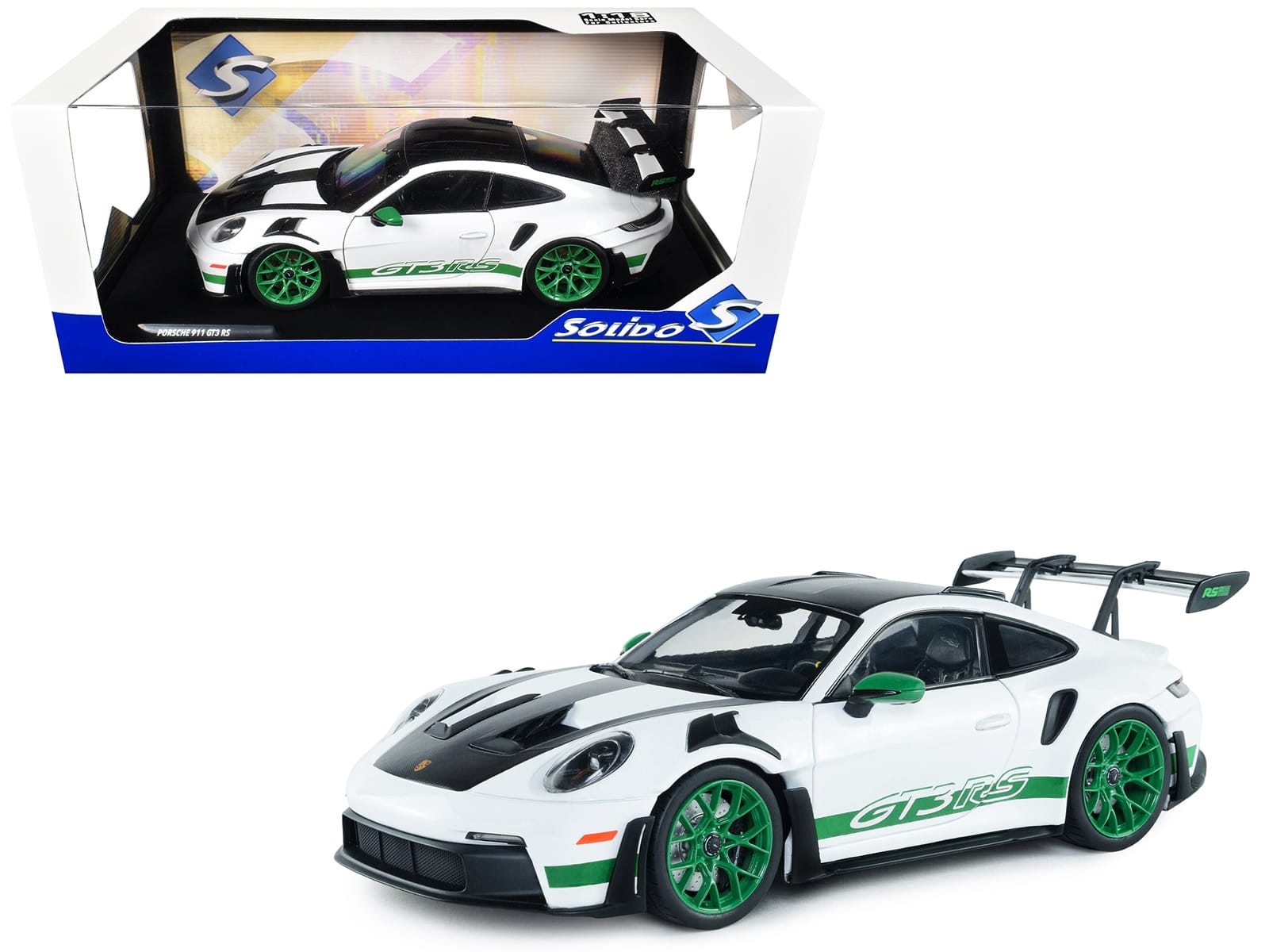 2024 Porsche 911 GT3 RS "Tribute to Carrera RS Package" White with Carbon Hood Stripes and Top and Green Side Stripes and Wheels 1/18 Diecast Model Car by Solido