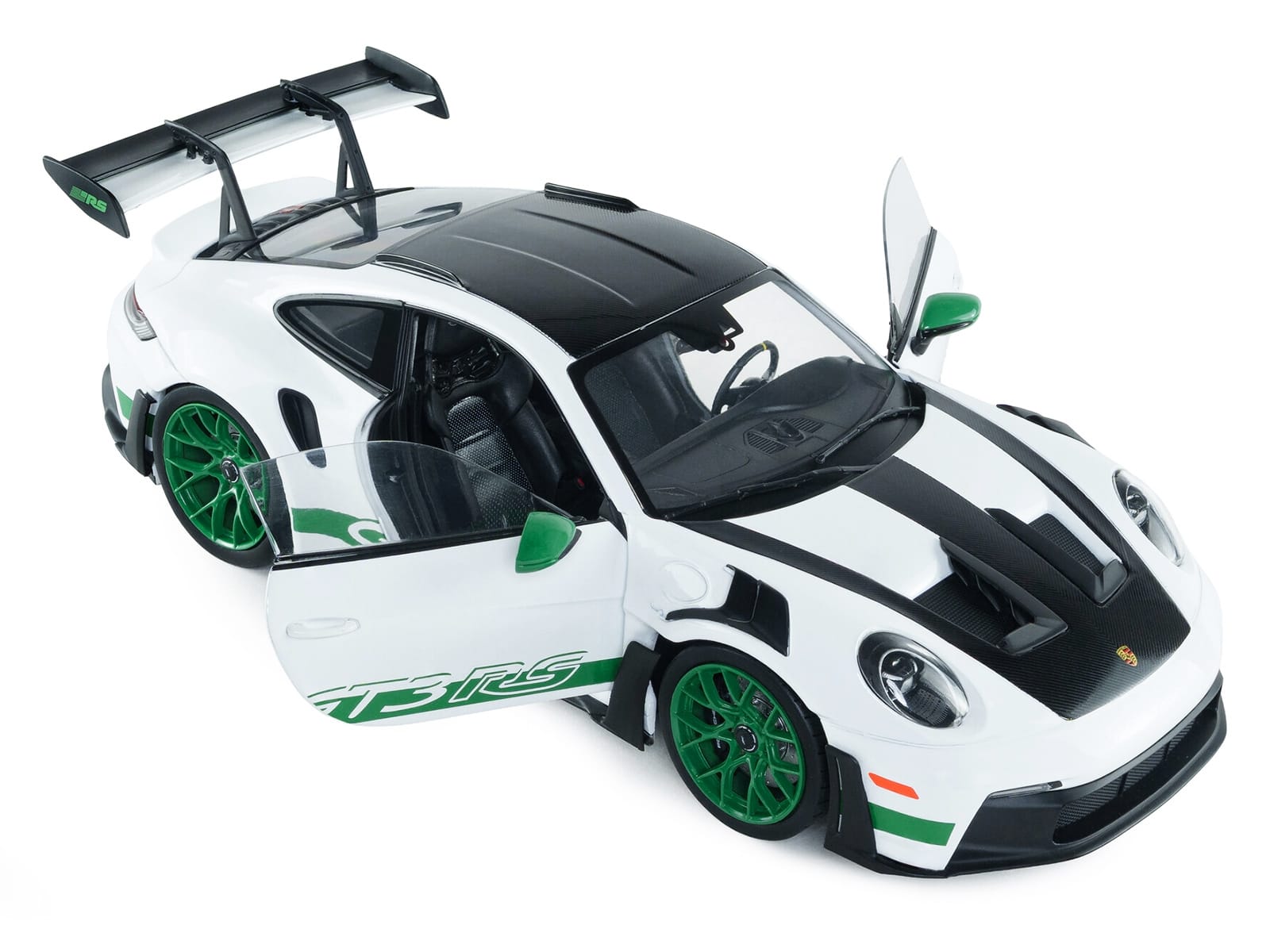 2024 Porsche 911 GT3 RS "Tribute to Carrera RS Package" White with Carbon Hood Stripes and Top and Green Side Stripes and Wheels 1/18 Diecast Model Car by Solido - Image 2