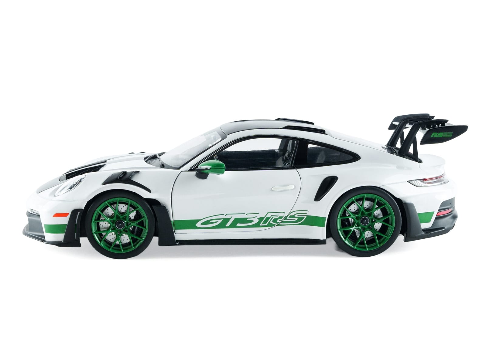 2024 Porsche 911 GT3 RS "Tribute to Carrera RS Package" White with Carbon Hood Stripes and Top and Green Side Stripes and Wheels 1/18 Diecast Model Car by Solido - Image 3