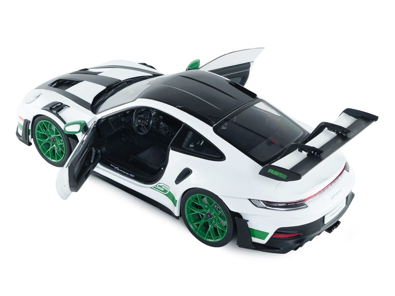2024 Porsche 911 GT3 RS "Tribute to Carrera RS Package" White with Carbon Hood Stripes and Top and Green Side Stripes and Wheels 1/18 Diecast Model Car by Solido - Image 4