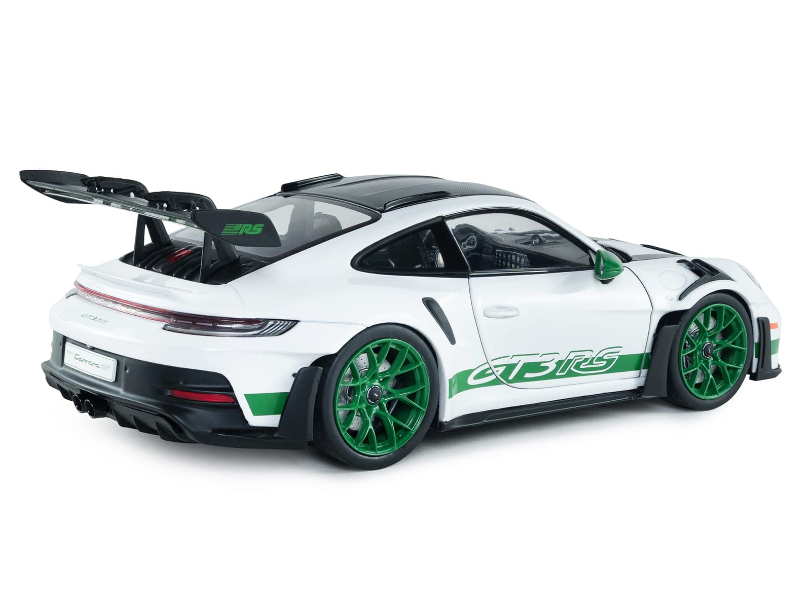 2024 Porsche 911 GT3 RS "Tribute to Carrera RS Package" White with Carbon Hood Stripes and Top and Green Side Stripes and Wheels 1/18 Diecast Model Car by Solido - Image 5