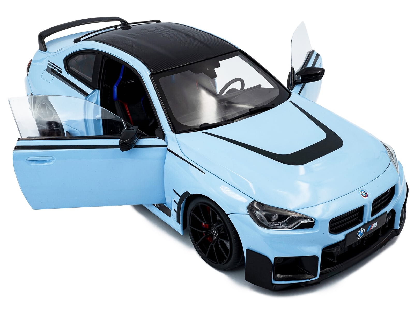 2024 BMW M2 Performance Parts Zandvoort Blue with Carbon Top and Black Stripes 1/18 Diecast Model Car by Solido - Image 2