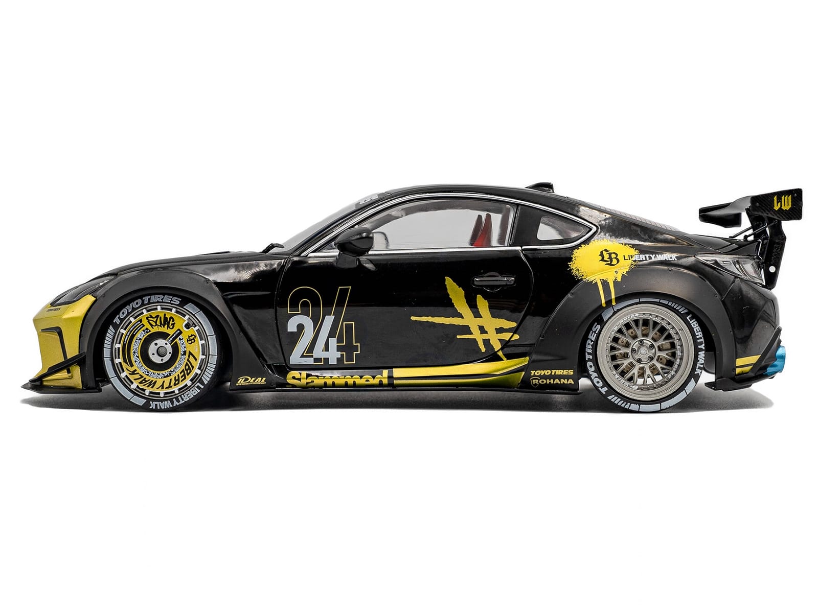 2024 Toyota GR86 Liberty Walk Body Kit RHD (Right Hand Drive) #24 Black with Gold Graphics 1/18 Diecast Model Car by Solido - Image 3