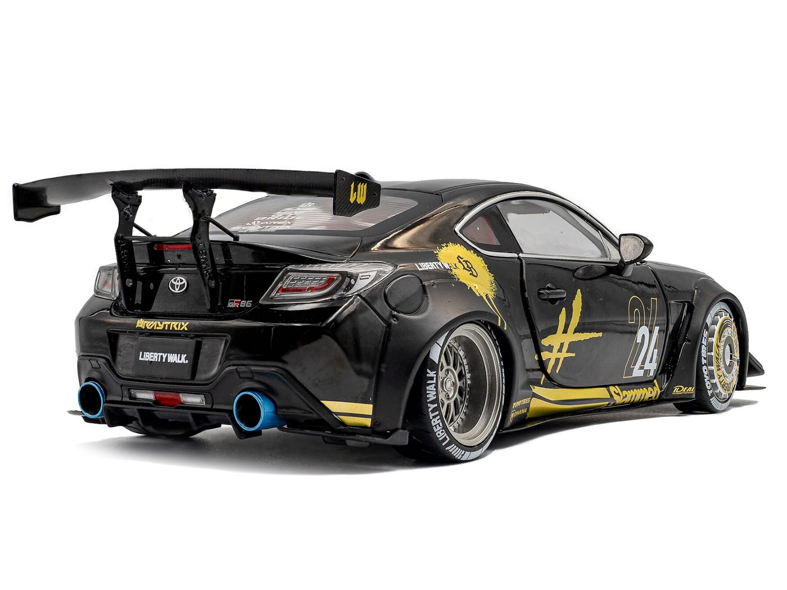 2024 Toyota GR86 Liberty Walk Body Kit RHD (Right Hand Drive) #24 Black with Gold Graphics 1/18 Diecast Model Car by Solido - Image 4