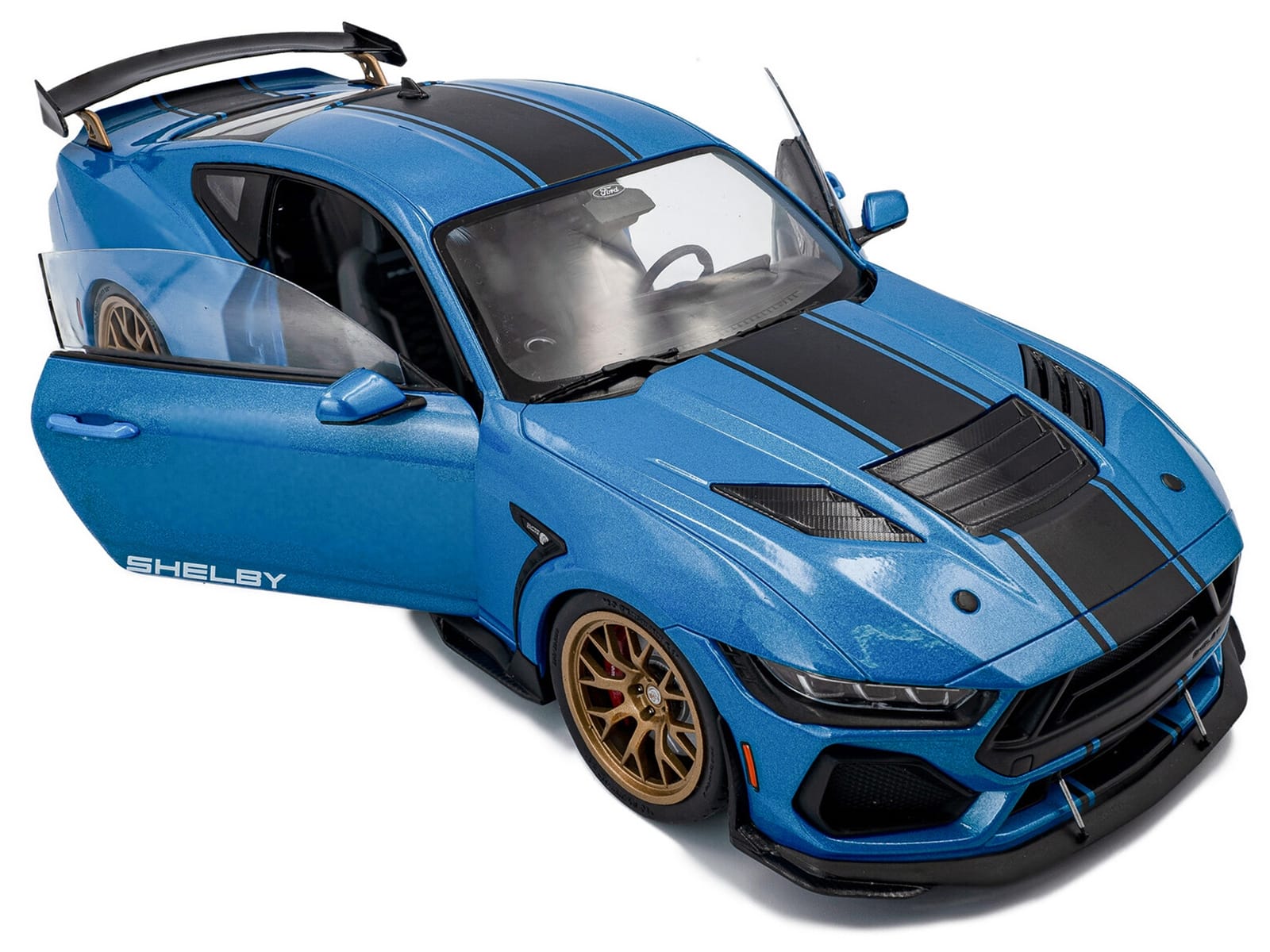 2024 Ford Shelby Mustang Super Snake Grabber Blue Metallic with Black Stripes 1/18 Diecast Model Car by Solido - Image 2