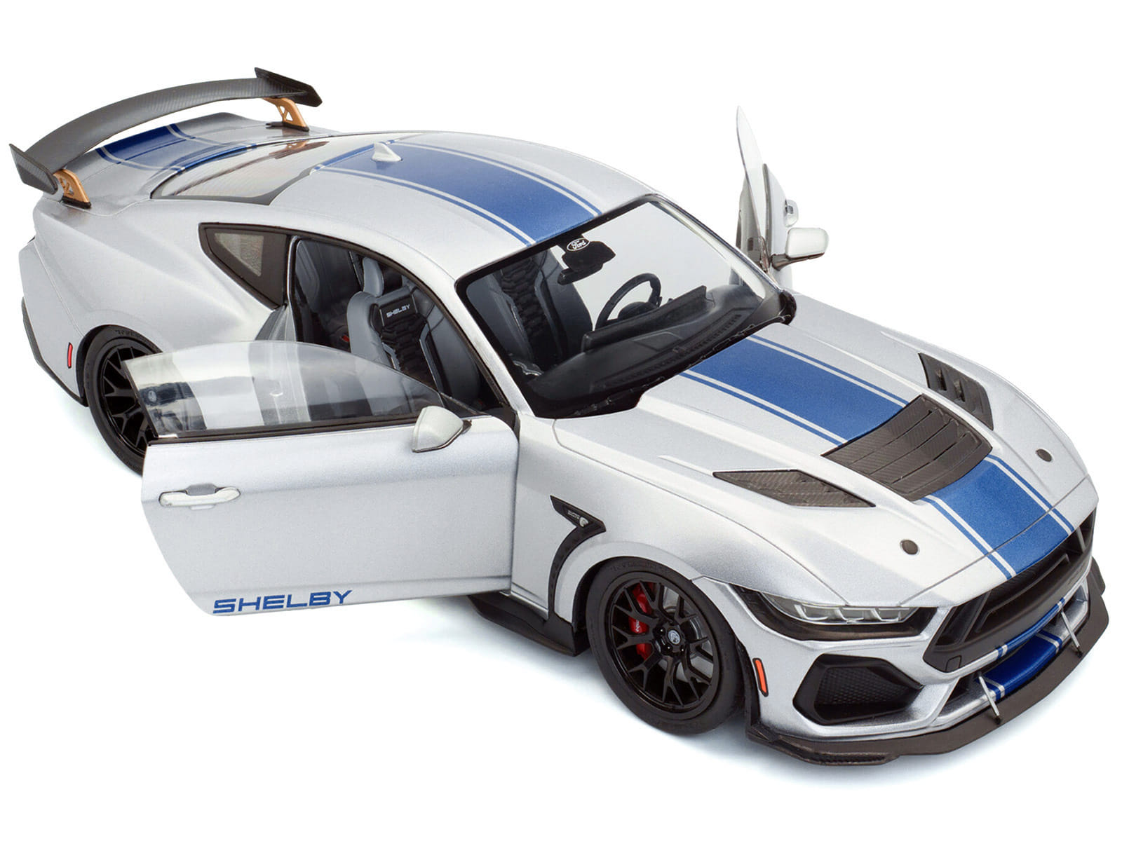2024 Ford Shelby Mustang Super Snake Gray Metallic with Blue Stripes 1/18 Diecast Model Car by Solido - Image 2