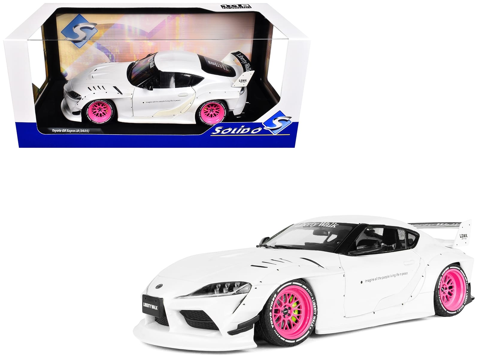 2025 Toyota GR Supra "Liberty Walk" Body Kit White Metallic with Pink Wheels 1/18 Diecast Model Car by Solido