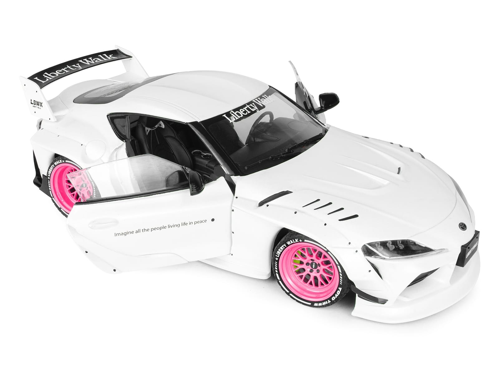 2025 Toyota GR Supra "Liberty Walk" Body Kit White Metallic with Pink Wheels 1/18 Diecast Model Car by Solido - Image 2