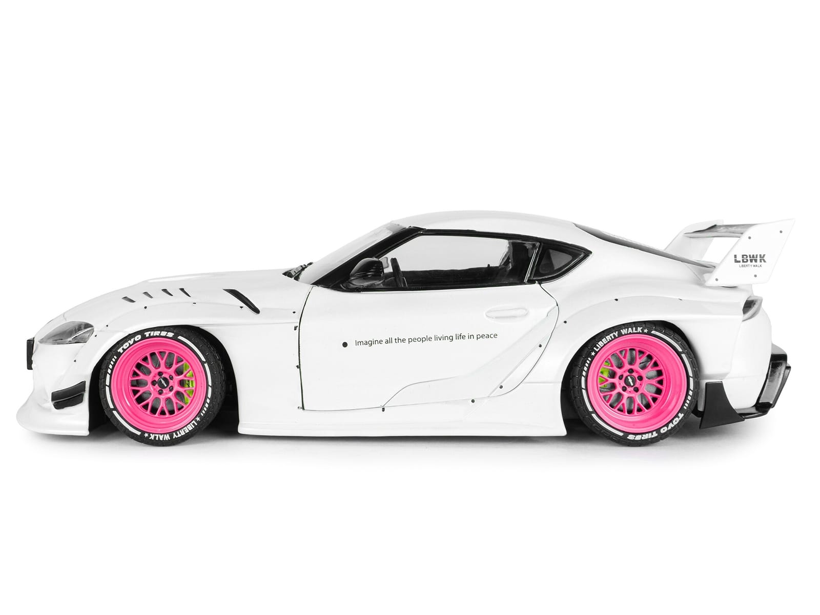 2025 Toyota GR Supra "Liberty Walk" Body Kit White Metallic with Pink Wheels 1/18 Diecast Model Car by Solido - Image 3