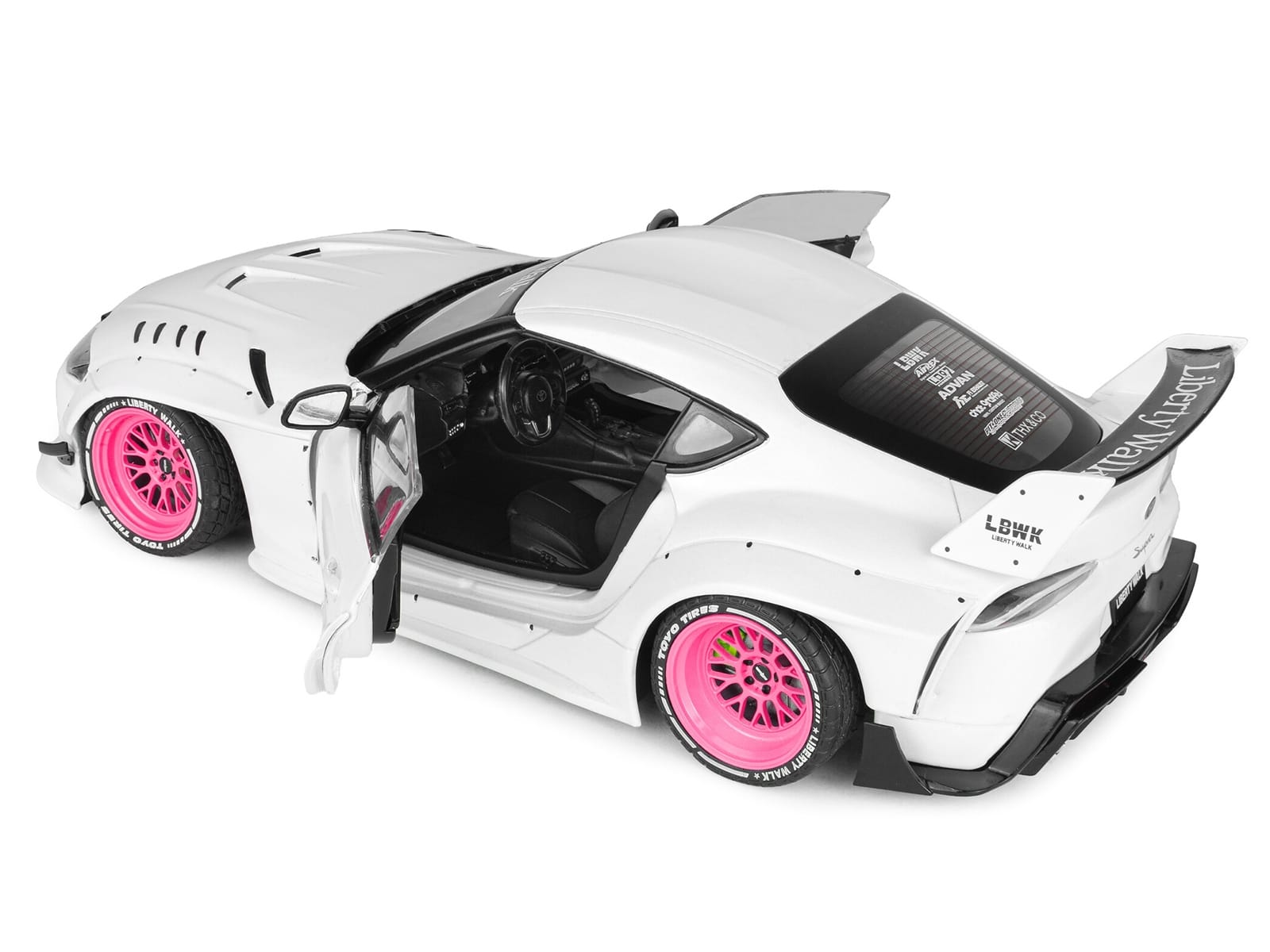 2025 Toyota GR Supra "Liberty Walk" Body Kit White Metallic with Pink Wheels 1/18 Diecast Model Car by Solido - Image 4