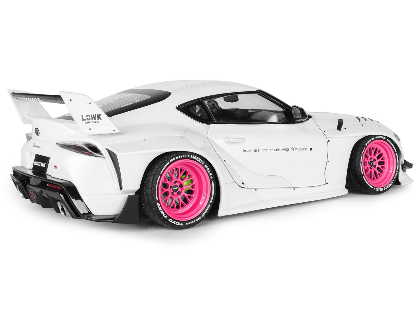 2025 Toyota GR Supra "Liberty Walk" Body Kit White Metallic with Pink Wheels 1/18 Diecast Model Car by Solido - Image 5