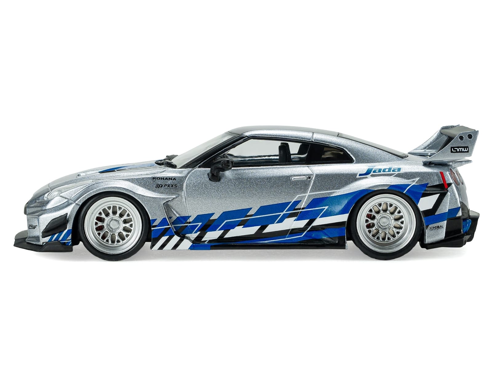 2020 Nissan GT-R (R35) Liberty Walk Silhouette RHD (Right Hand Drive) Silver Metallic with Black Top and Blue Graphics 1/43 Diecast Model Car by Solido - Image 2