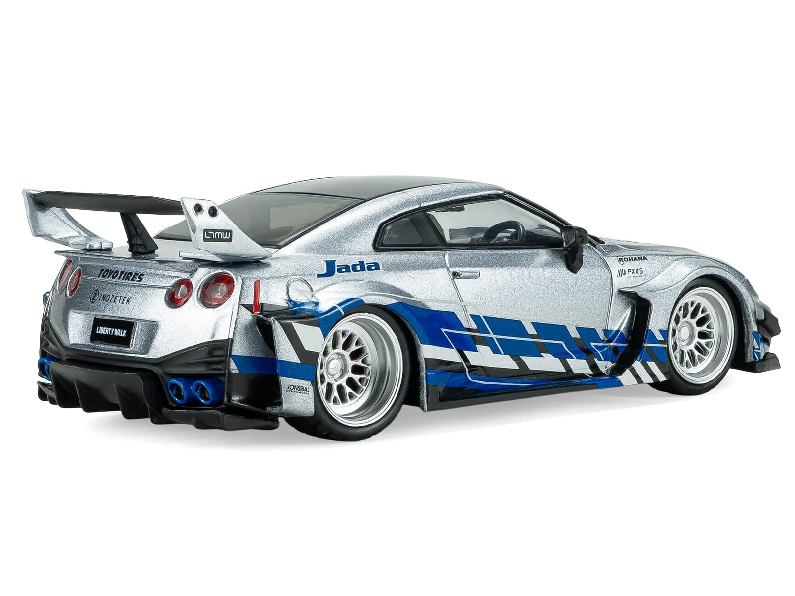 2020 Nissan GT-R (R35) Liberty Walk Silhouette RHD (Right Hand Drive) Silver Metallic with Black Top and Blue Graphics 1/43 Diecast Model Car by Solido - Image 3