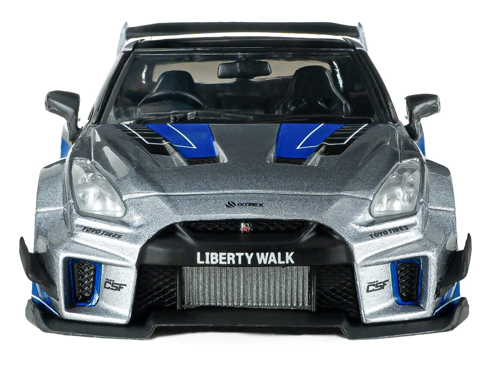 2020 Nissan GT-R (R35) Liberty Walk Silhouette RHD (Right Hand Drive) Silver Metallic with Black Top and Blue Graphics 1/43 Diecast Model Car by Solido - Image 4