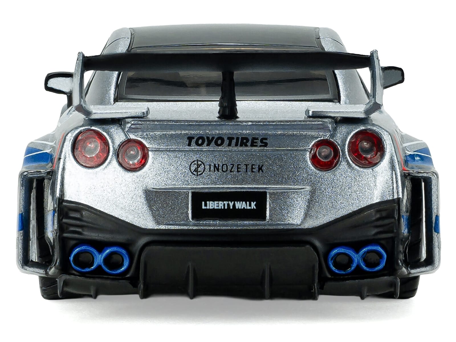 2020 Nissan GT-R (R35) Liberty Walk Silhouette RHD (Right Hand Drive) Silver Metallic with Black Top and Blue Graphics 1/43 Diecast Model Car by Solido - Image 5