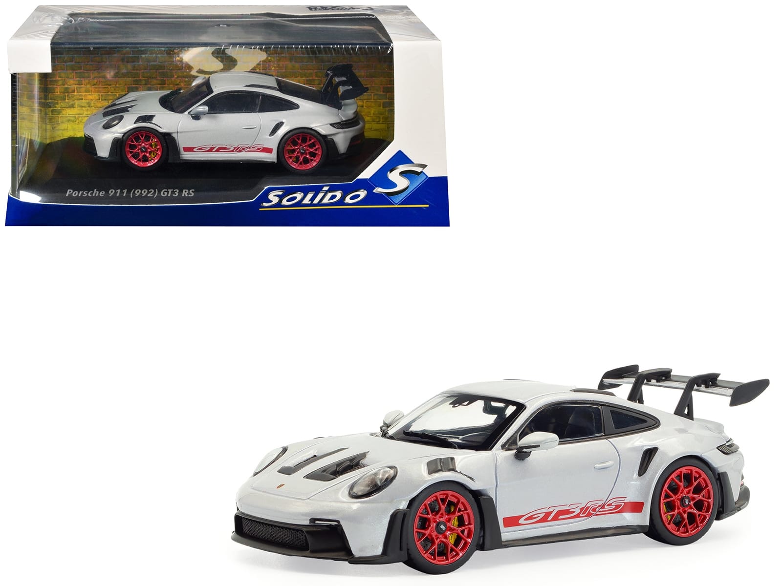 2023 Porsche 911 (992) GT3 RS Ice Gray Metallic with Pyro Red Stripes 1/43 Diecast Model Car by Solido