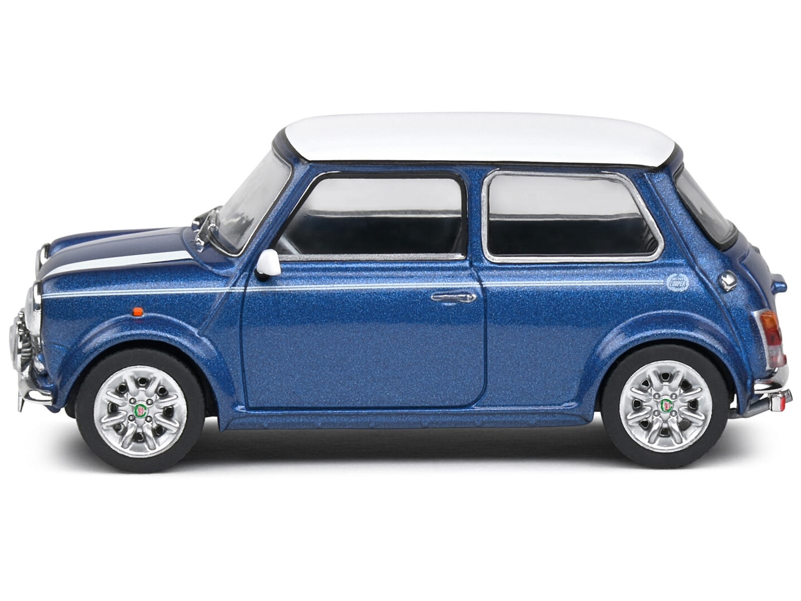 1994 Mini Cooper Sport Tahiti Blue Metallic with White Top and Stripes 1/43 Diecast Model Car by Solido - Image 2