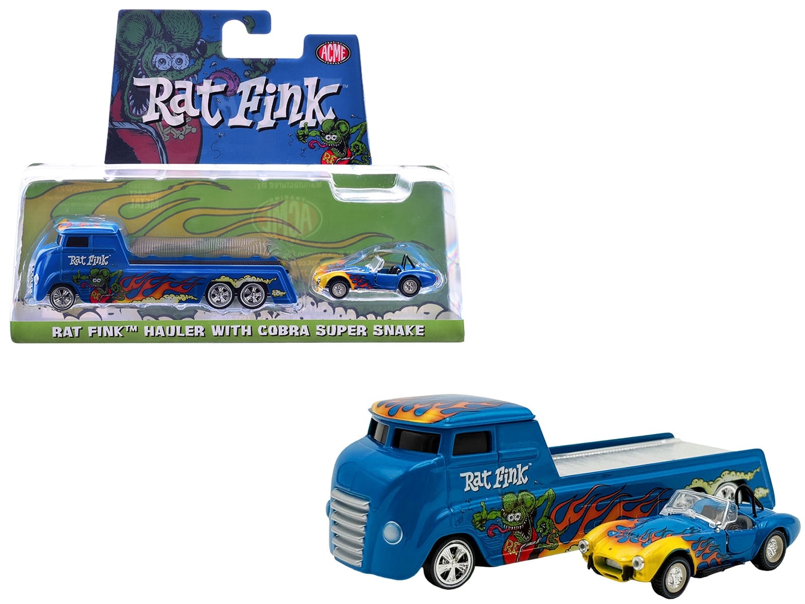 Shelby Cobra Super Snake Blue Metallic with Flames and Custom "Rat Fink" Hauler Blue Metallic with Flames and Graphics 1/64 Diecast Model Cars by ACME