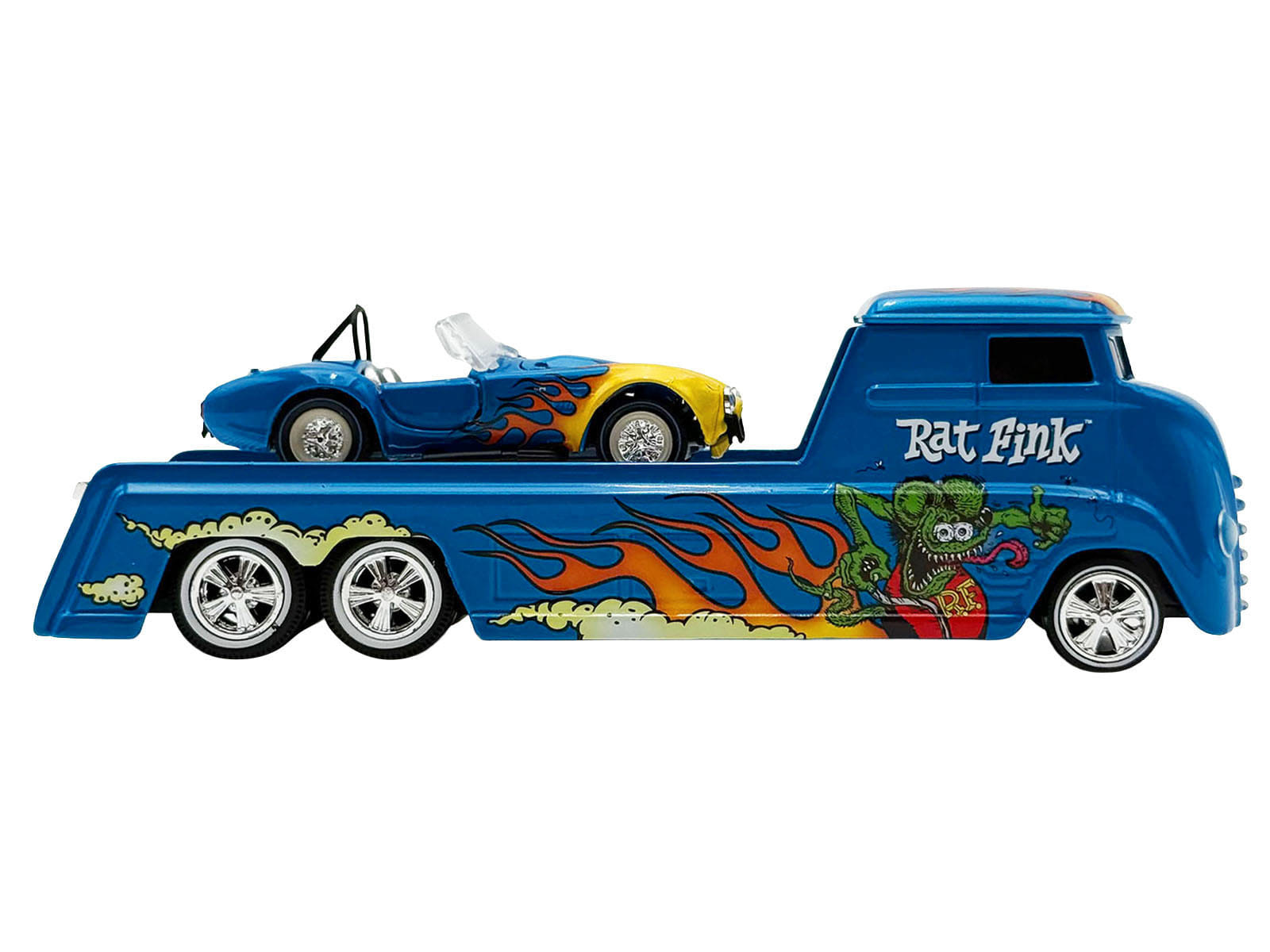 Shelby Cobra Super Snake Blue Metallic with Flames and Custom "Rat Fink" Hauler Blue Metallic with Flames and Graphics 1/64 Diecast Model Cars by ACME - Image 2
