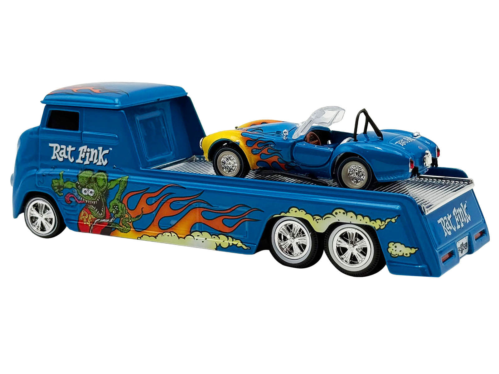 Shelby Cobra Super Snake Blue Metallic with Flames and Custom "Rat Fink" Hauler Blue Metallic with Flames and Graphics 1/64 Diecast Model Cars by ACME - Image 3
