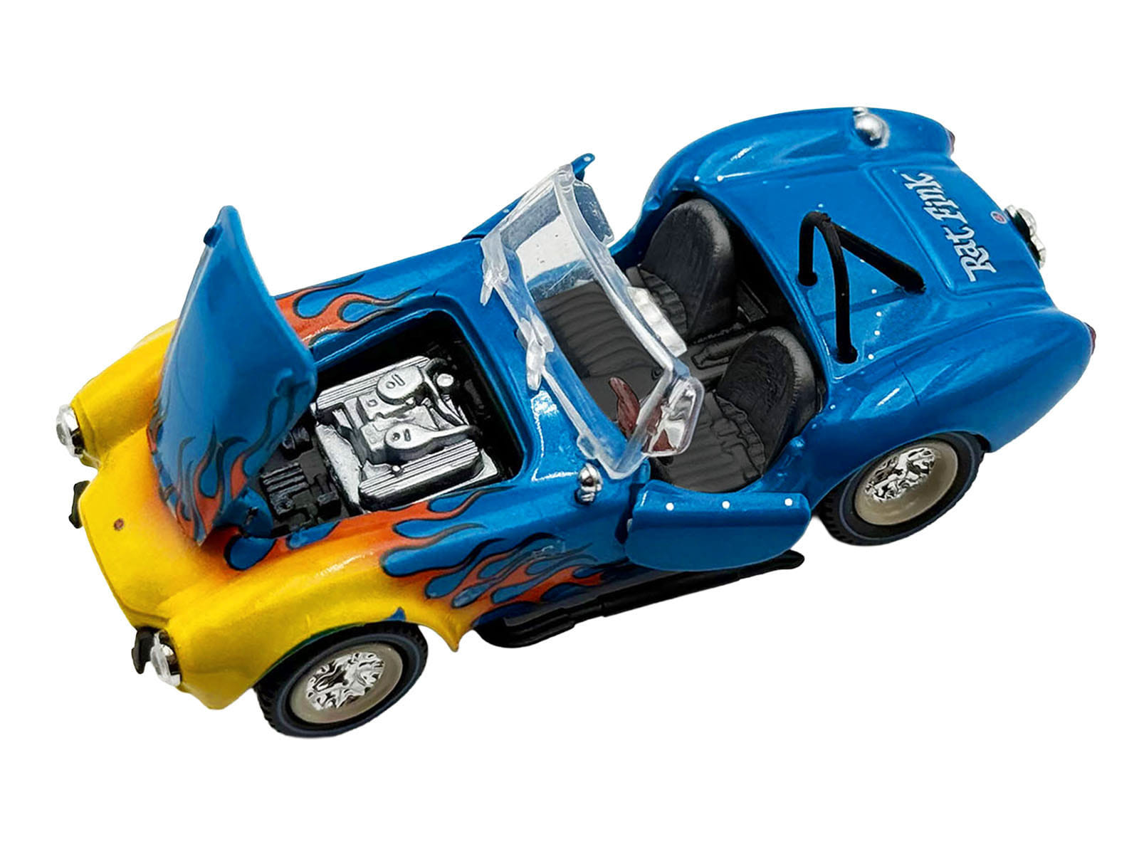 Shelby Cobra Super Snake Blue Metallic with Flames and Custom "Rat Fink" Hauler Blue Metallic with Flames and Graphics 1/64 Diecast Model Cars by ACME - Image 4