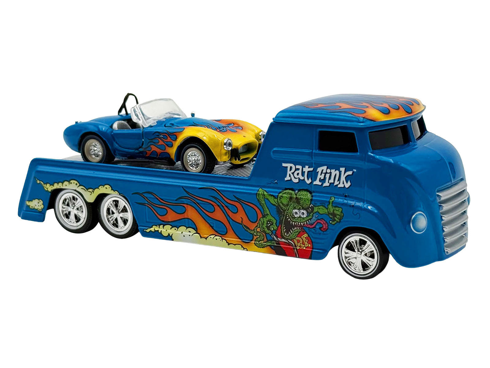 Shelby Cobra Super Snake Blue Metallic with Flames and Custom "Rat Fink" Hauler Blue Metallic with Flames and Graphics 1/64 Diecast Model Cars by ACME - Image 5