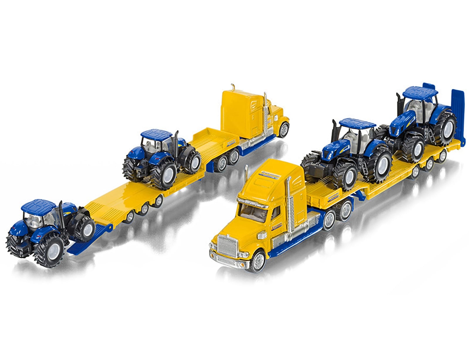 Tractor Truck Yellow with 2 New Holland T7070 Tractors Blue 1/87 (HO) Diecast Models by Siku - Image 2