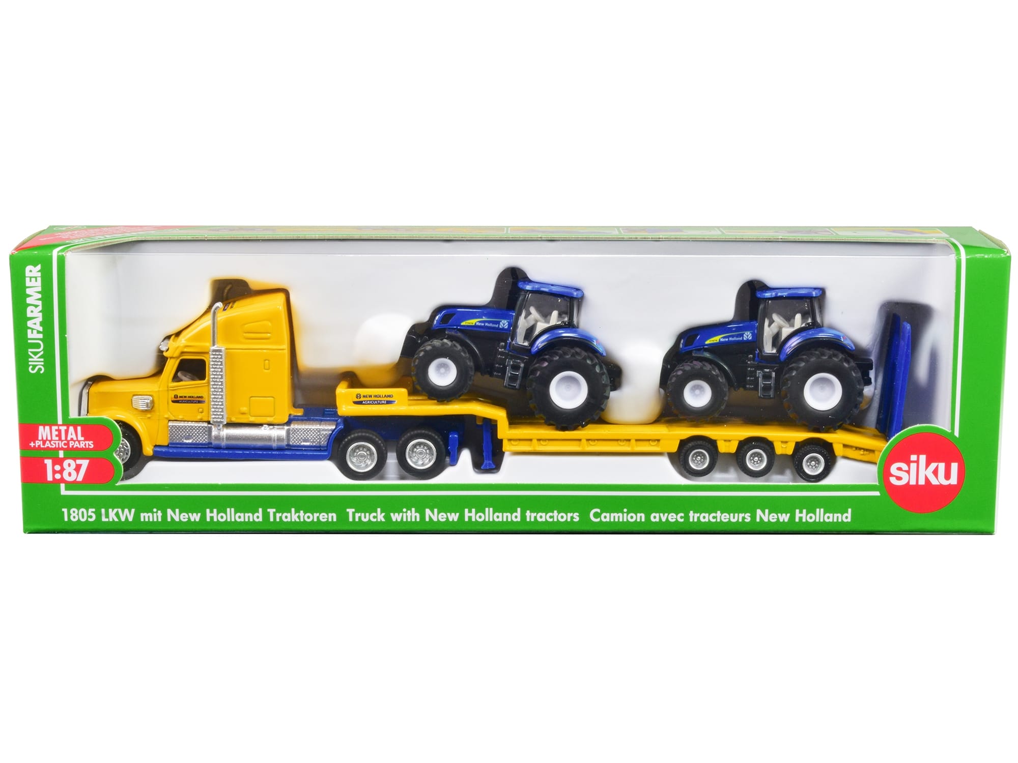 Tractor Truck Yellow with 2 New Holland T7070 Tractors Blue 1/87 (HO) Diecast Models by Siku - Image 3