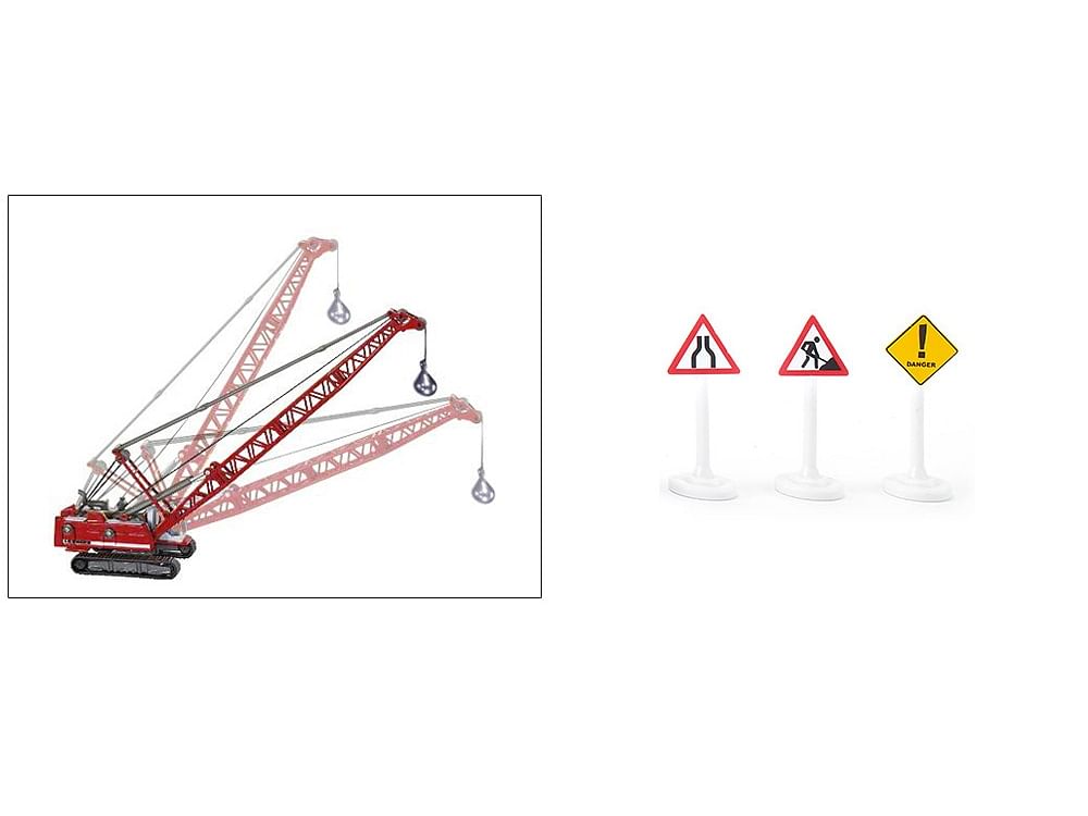 Heavy Haulage Transporter Green and Liebherr Cable Excavator Red with Wrecking Ball and Signs 1/87 (HO) Diecast Models by Siku