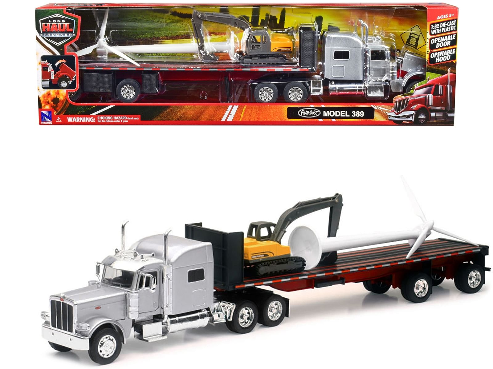 Peterbilt 389 Truck with Flatbed Trailer Silver Metallic with Excavator and Wind Turbine “Long Haul Truckers” Series 1/32 Diecast Model by New Ray