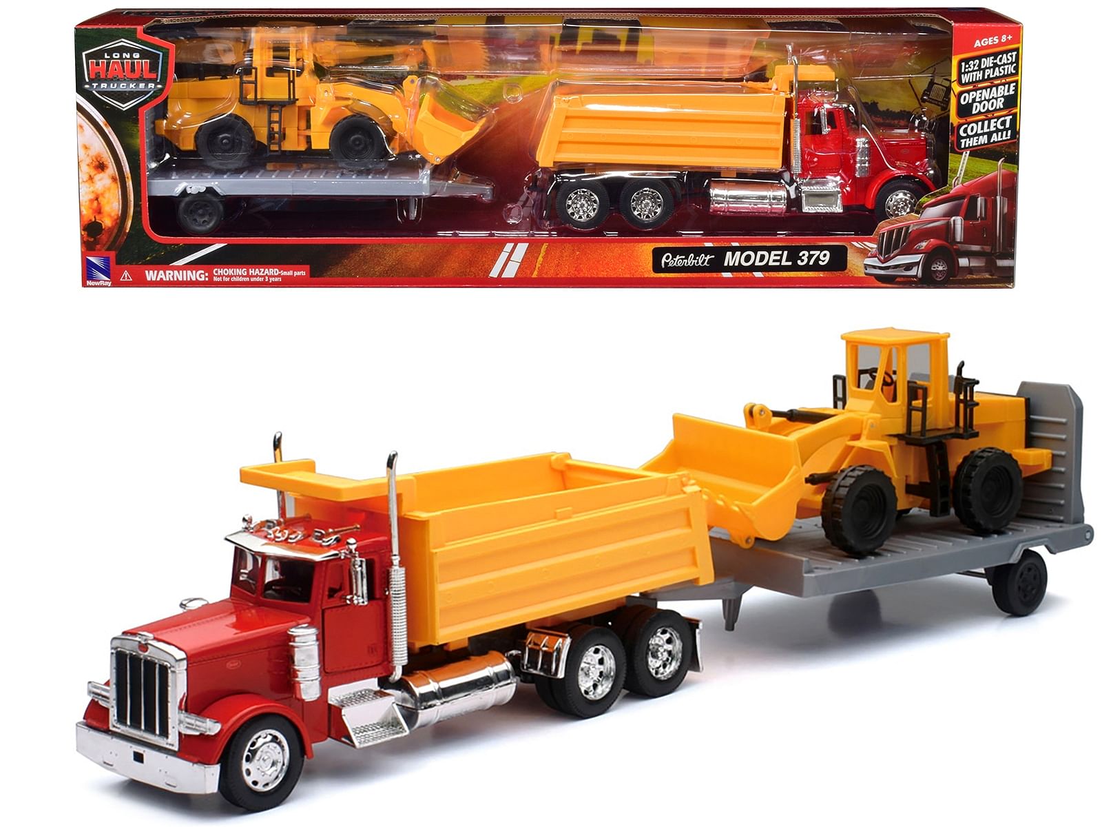 Peterbilt 379 Dump Truck Red and Wheel Loader Yellow with Flatbed Trailer “Long Haul Truckers” Series 1/32 Diecast Model by New Ray