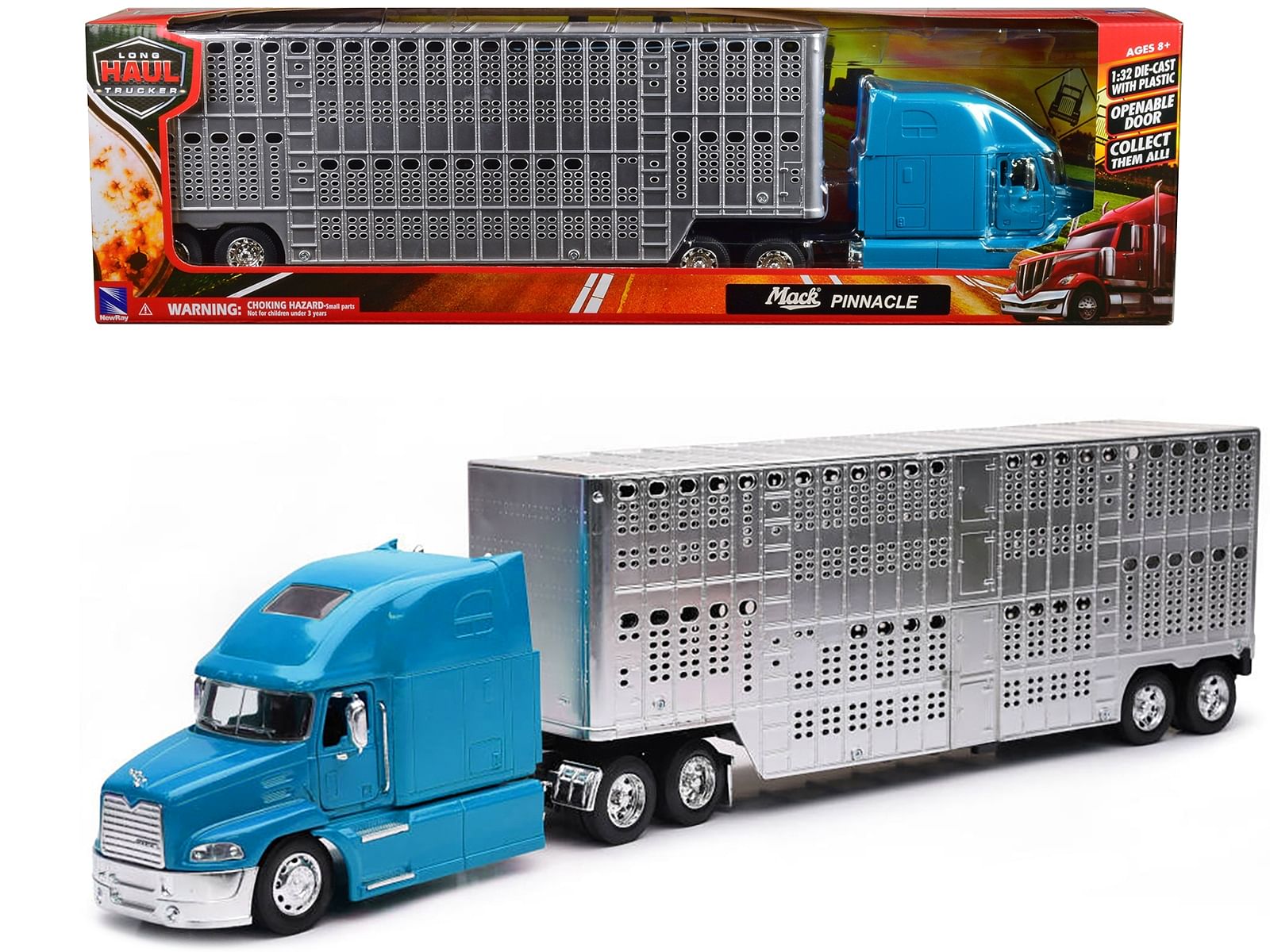 Mack Pinnacle Truck with Pot Belly Livestock Trailer Blue and Chrome “Long Haul Truckers” Series 1/32 Diecast Model by New Ray