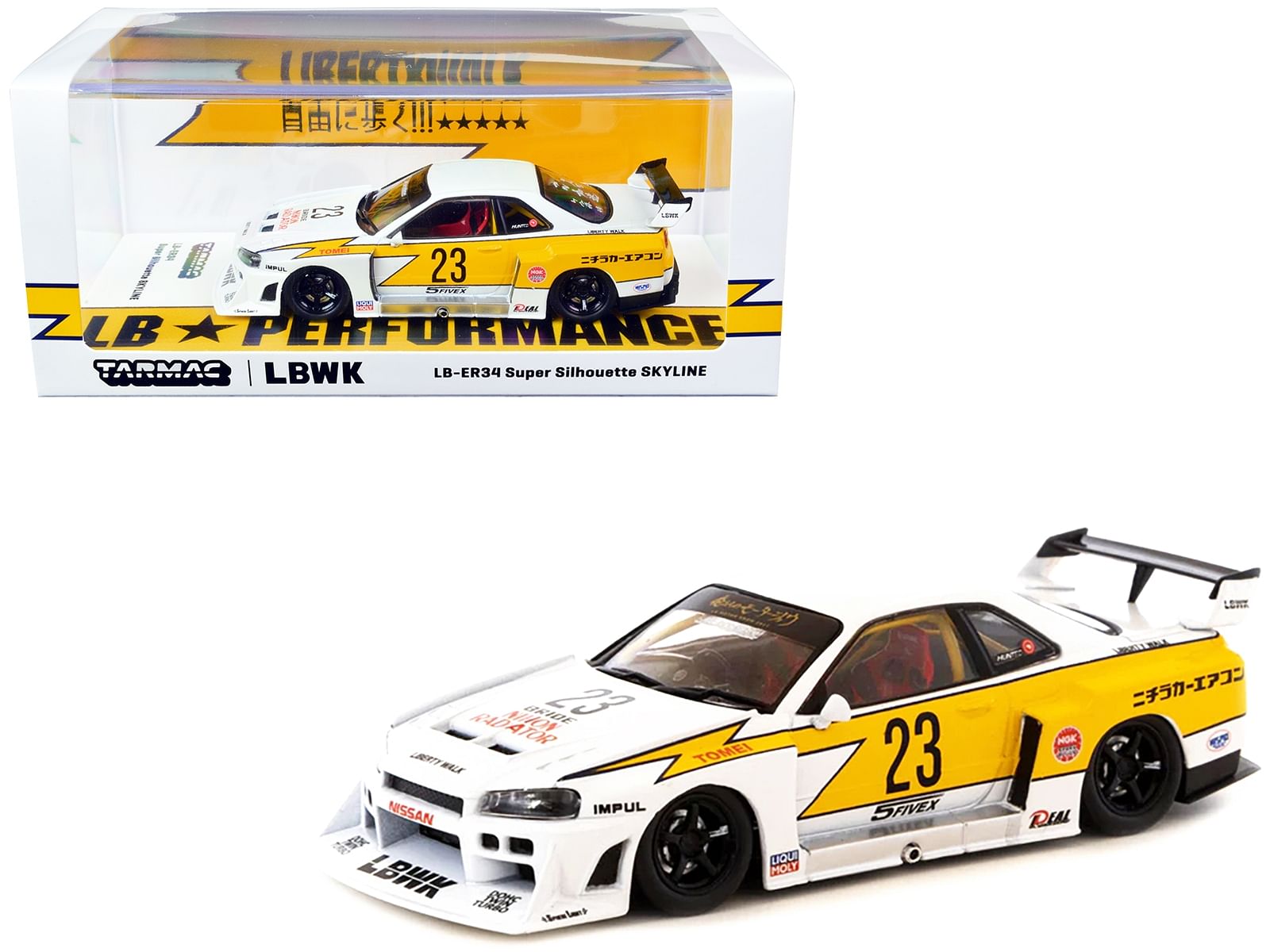 Nissan Skyline LB-ER34 Super Silhouette RHD (Right Hand Drive) #23 “Liberty Walk – LB Performance” White with Graphics “Hobby43” Series 1/43 Diecast Model Car by Tarmac Works