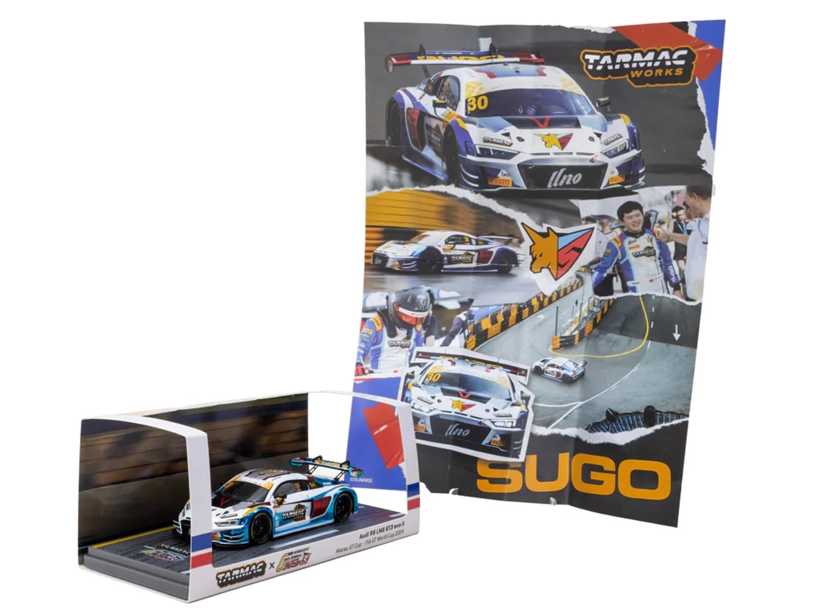 Audi R8 LMS GT3 evo II #30 James Yu "Uno Racing Team" "Macau GT Cup - FIA GT World Cup" (2024) with A4 Poster "Hobby43" Series 1/43 Diecast Model Car by Tarmac Works - Image 4