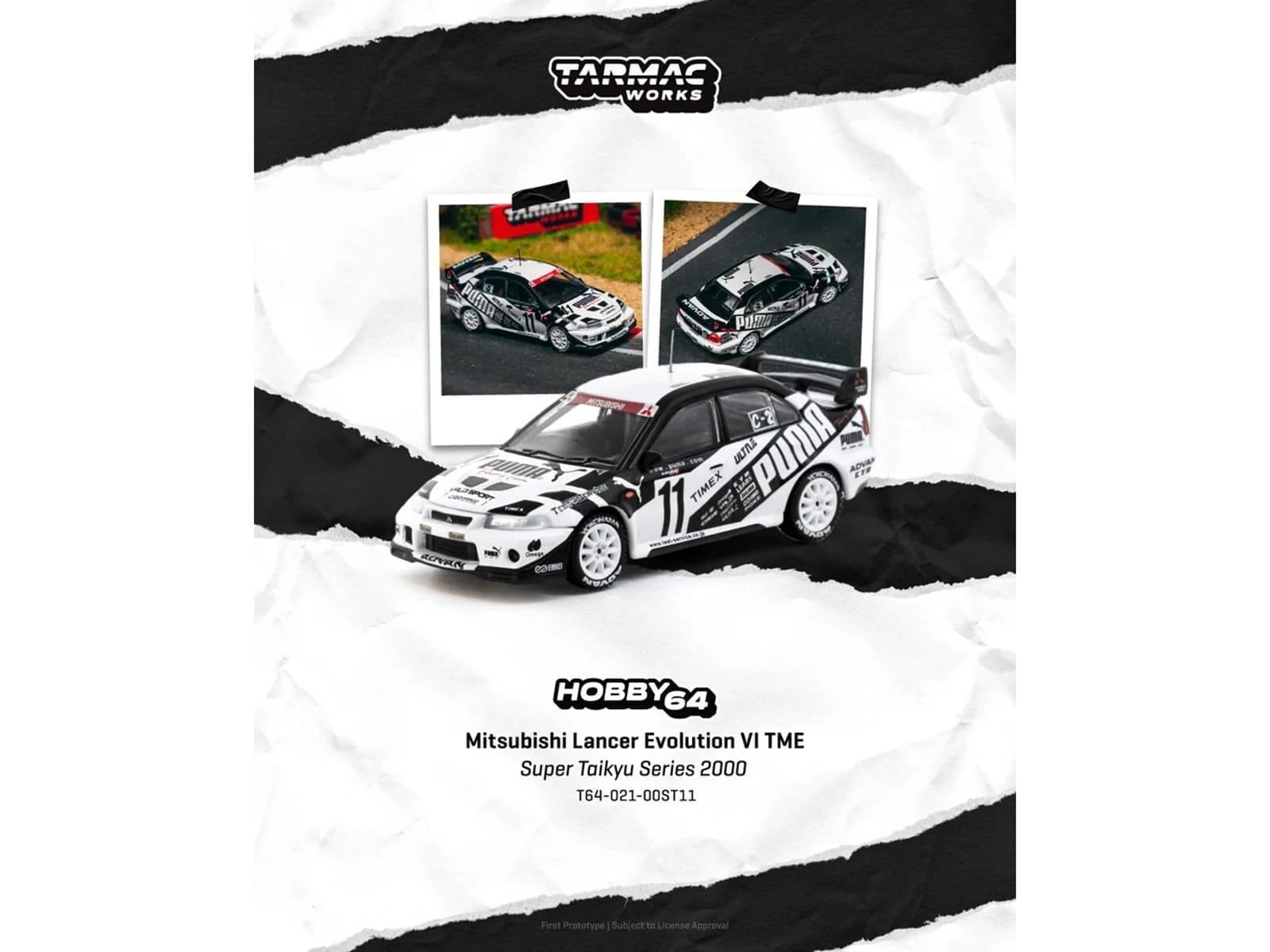 Mitsubishi Lancer Evolution VI TME RHD (Right Hand Drive) #11 Akihiko Nakaya - Takayuki Kinoshita "Puma - Super Taikyu Series" (2000) "Hobby64" Series 1/64 Diecast Model Car by Tarmac Works - Image 3