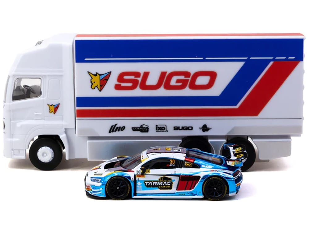 Audi R8 LMS GT3 evo II #30 James Yu "Uno Racing Team" "Macau GT Cup - FIA GT World Cup" (2024) with Plastic Transporter Packaging and Collectible Tarmac Cards "Hobby64" Series 1/64 Diecast Model Car by Tarmac Works - Image 3