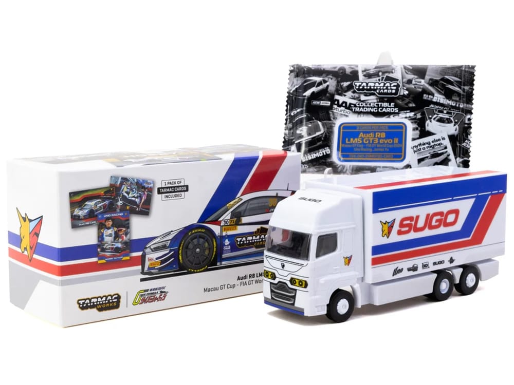 Audi R8 LMS GT3 evo II #30 James Yu "Uno Racing Team" "Macau GT Cup - FIA GT World Cup" (2024) with Plastic Transporter Packaging and Collectible Tarmac Cards "Hobby64" Series 1/64 Diecast Model Car by Tarmac Works - Image 4