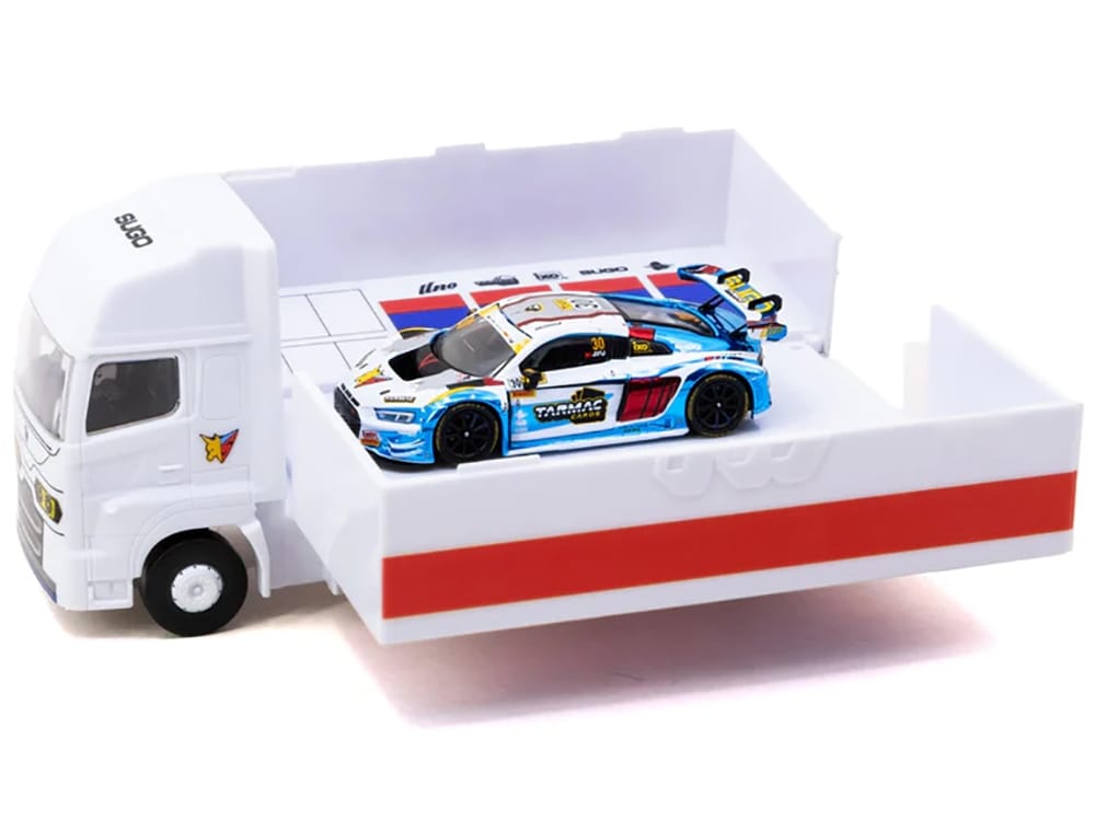 Audi R8 LMS GT3 evo II #30 James Yu "Uno Racing Team" "Macau GT Cup - FIA GT World Cup" (2024) with Plastic Transporter Packaging and Collectible Tarmac Cards "Hobby64" Series 1/64 Diecast Model Car by Tarmac Works - Image 5