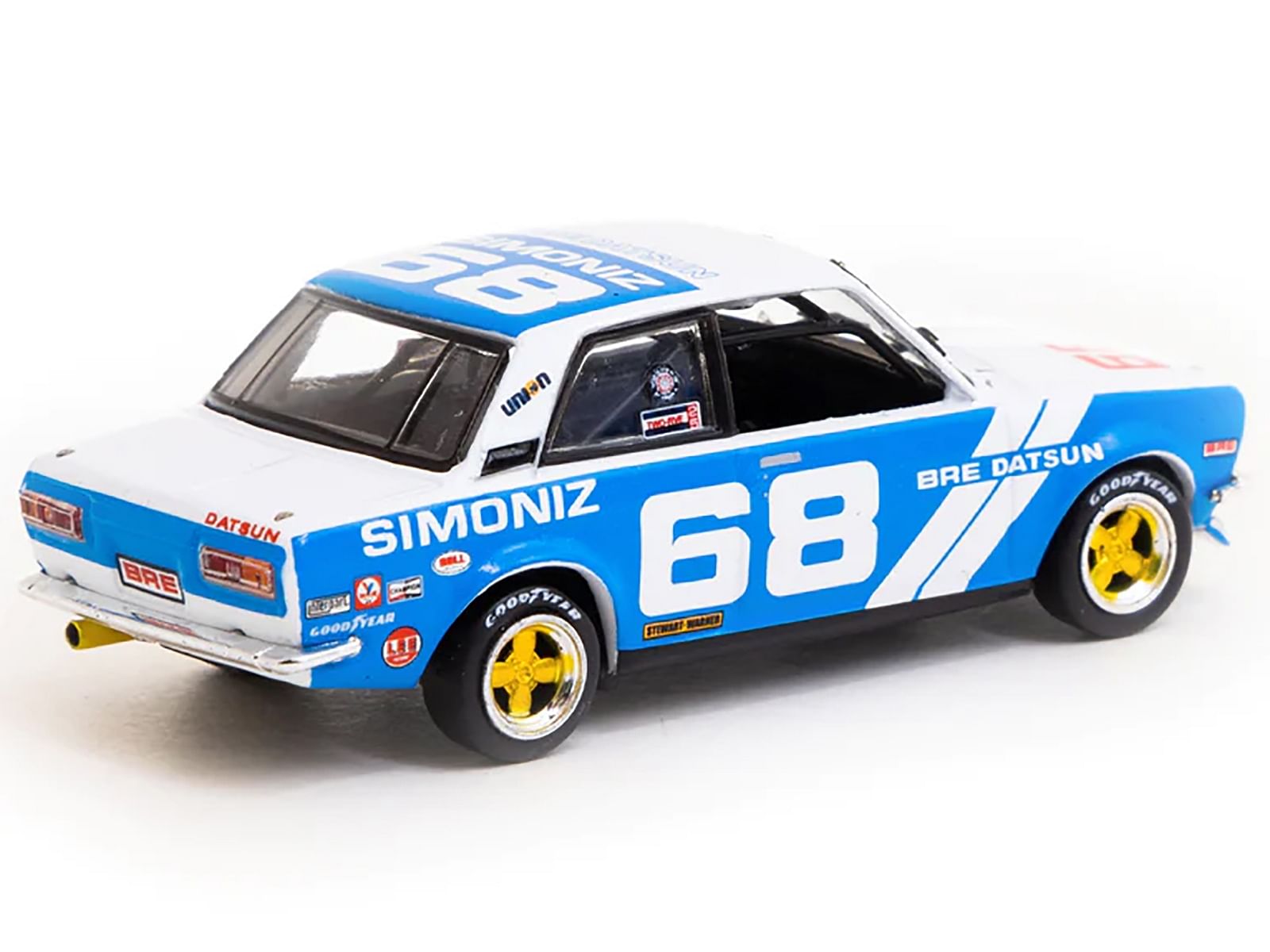 Datsun 510 #68 “BRE” White and Blue “Trans-Am 2.5 Championship” (1972) with METAL OIL CAN 1/64 Diecast Model Car by Tarmac Works