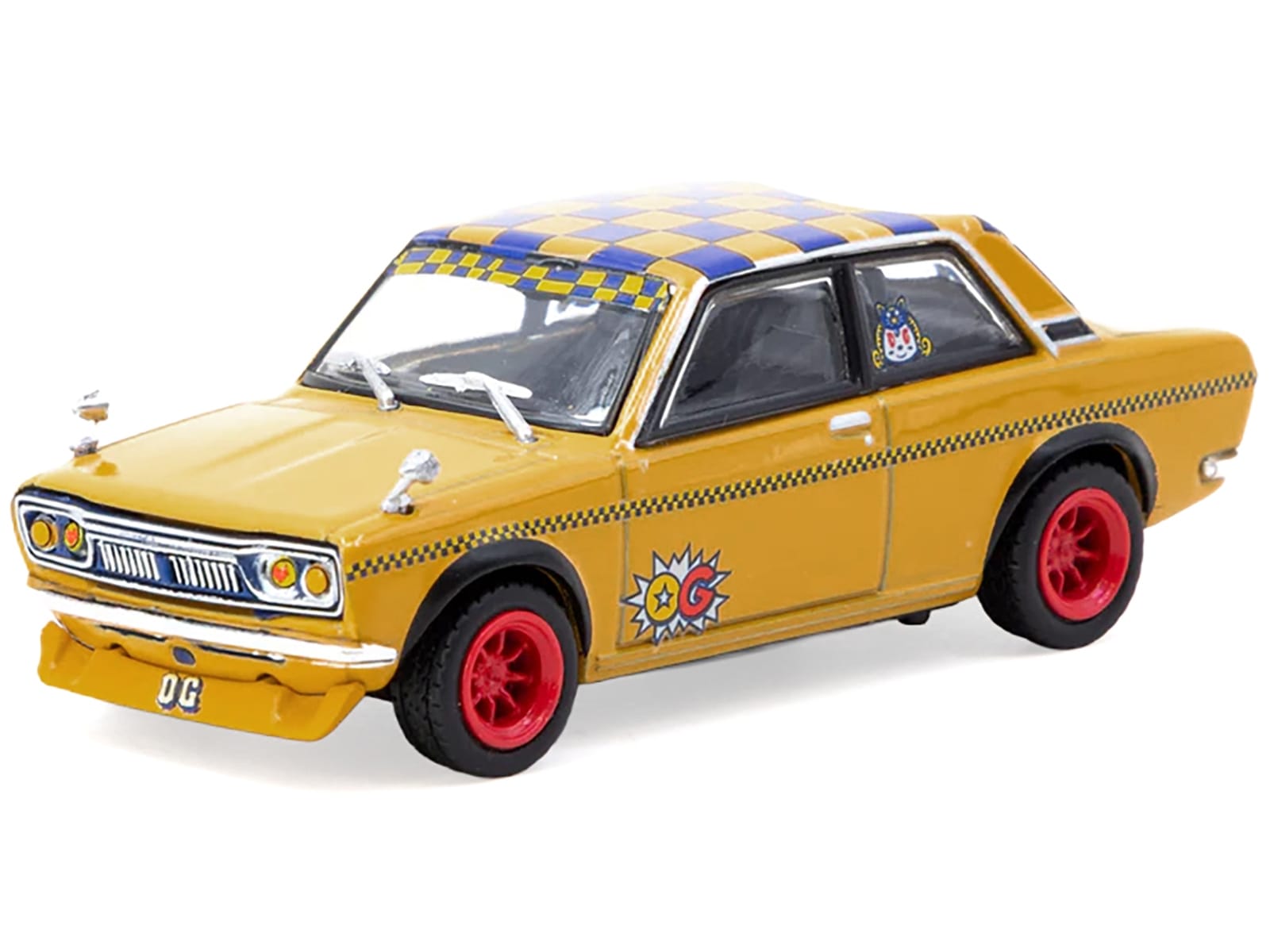 Datsun 510 "OG Beer" Yellow with Checkered Top "Hobby64" Series 1/64 Diecast Model Car by Tarmac Works - Image 2